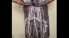 Man in Female Dress, Strips to Black Bra and Panties, Jerks off to Huge Tits Woman Riding Giant Cock, The Cums Inside His Panties Thumb