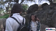 Coed makes her move and licks classmate Thumb